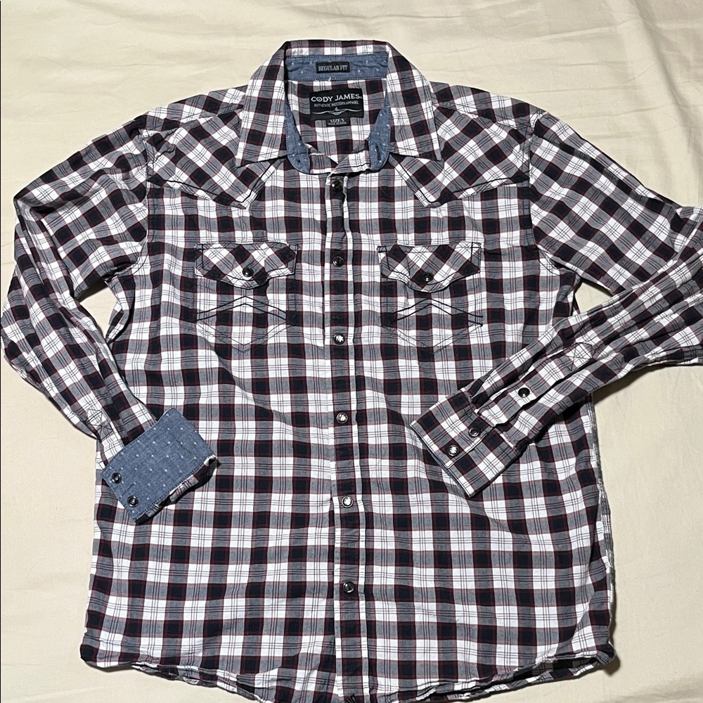Cody James Men's Western Style Plaid Snap Shirt - Black, White, and Red